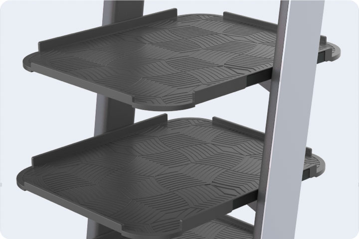 40 kg, 3 plateaux,
360° d'accès